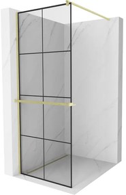 Mexen Kioto+, sprchová zástena Walk-In s poličkou a vešiakom 90 x 200 cm, 8mm číre sklo čierny vzor, zlatý matný profil, 800-090-121-55-77