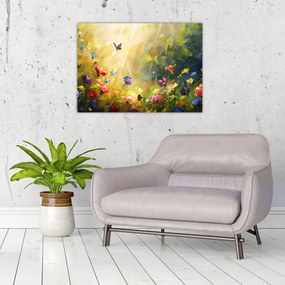 Sklenený obraz - Jarná kvetinová lúka, maľba (70x50 cm)