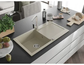 Mexen Leo, drez granitový 900x500x190 mm, 1-komorový, béžový s chrómovým sifónom a chrómová drezová batéria Rita, 6501-69-670300-00