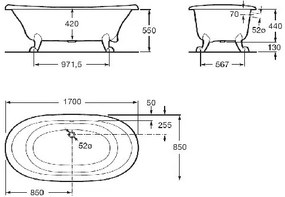 Roca Newcast liatinová smaltovaná vaňa 170 x 85cm, 222l, sivá / biela antislip 7233650000