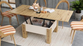 Mazzoni OSLO dub artisan / béžová, rozkladací konferenčný stolík s výškovo nastaviteľnou stolovou doskou