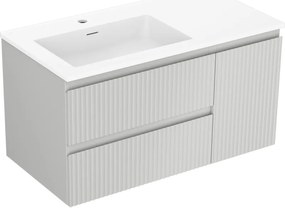 Mexen Rivel, kúpeľňová skrinka 90 cm s umývadlom Otis vľavo, 2S, 1D, drážkovaná, sivá matná/biela matná - 91A23-09047-3-BBFFF62-W18L01