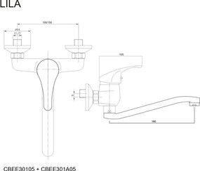 Mereo Lila, drezová nástenná batéria, 150 mm, s ramienkom plochým vyhnutým 180 mm, chróm, MER-CBEE30105