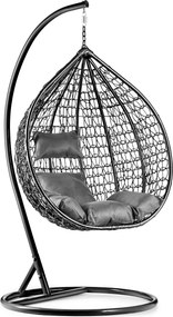 Čierne závesné kreslo KOKON so stojanom, sivý vankúš