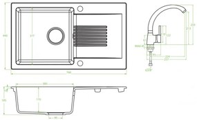 Laveo Ceilia, 1-komorový drez 760x440x185mm + drezová batéria, čierna, LAV-SJCG711T
