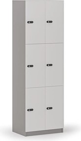 Drevená šatníková skrinka S4 s úložnými boxmi, 6 boxov, demont, mechanický kódový zámok, sivá/biela