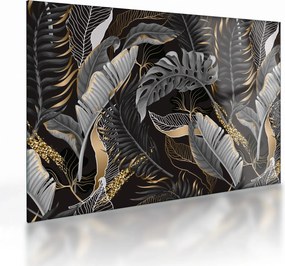 Sklenený obraz - Tropické listy v čierno-zlatej (70x50 cm)