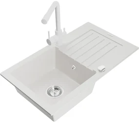 Mexen Pablo, granitový drez 752x436x161 mm, 1-komorový a biela batéria Duero, biela, 6510-20-671600-20