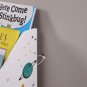 Detský organizér na knihy s úložným boxom na hračky, biely s vesmírnym motívom