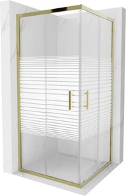 Mexen Rio, štvorcový sprchovací kút s posuvnými dverami 90(dvere) x 90(dvere) x 190 cm, 6mm číre sklo s pásikmi, zlatý profil, 860-090-090-50-20