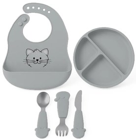 Dětský silikonový set FreeON - šedý talíř, příbor a bryndák