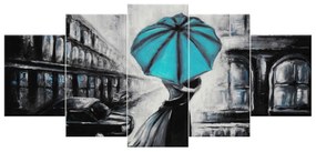 Gario Ručne maľovaný obraz Tyrkysový bozk v daždi - 5 dielny Rozmery: 100 x 70 cm