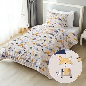 Biante Detské bavlnené posteľné obliečky Sandra SA-613 Modro-oranžové lesné zvieratká na bledo sivom Predĺžené 140x220 a 70x90 cm