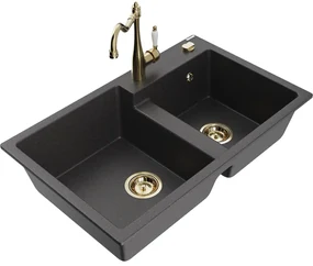 Mexen Tomas, granitový drez 800x500x190 mm, 2-komorový a drezová batéria Carla, čierna škvrnitá, 6516-76-670700-50