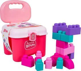 Sada mäkkých stavebných kociek 20 ks s úložným boxom – stoličkou