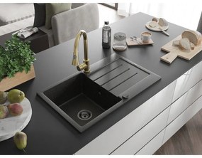 Mexen Bruno, 1-komorový granitový drez 795x495x200 mm a drezová batéria Elia, čierna-zlatá metalíza, 6513-75-670101-50-B