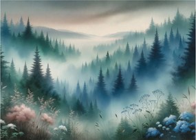 Sklenený obraz - Lesná krajina s hmlou (70x50 cm)