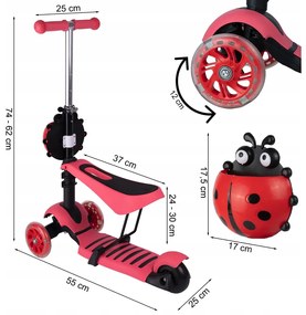 Detská trojkolesová balančná kolobežka s LED kolieskami - lienka