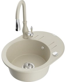 Mexen Kevin, granitový drez 586x458x190 mm, 1-komorový a drezová batéria Savita, béžová, 6517-69-672601-69