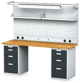Alfa 3 Dielenský stôl MECHANIC I + 2x závesný box, nadstavba, polica, el. zásuvky a osvetlenie, 8 zásuviek, 2000x685x880 mm, antracitové dvere