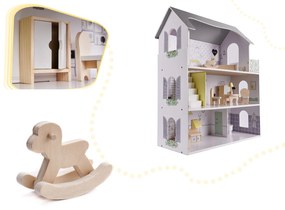 KIK Drevený domček pre bábiky + nábytok 70cm sivý