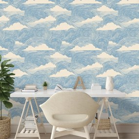 Tapeta modré vlny s bielymi oblakmi