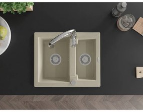Mexen Carlos, 1,5-komorový granitový drez 582x475x177 mm a drezová batéria Savita, béžová, 6518-69-672601-00