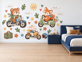 Lesné zvieratká na motorkách textilné nálepky na stenu pre malých motorkárov arch 46 x 34 cm