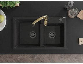 Mexen Tomas, granitový drez 800x500x190 mm, 2-komorový a drezová batéria Savita, čierna, 6516-77-672601-50-B