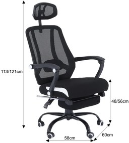 Kancelárska stolička SIDRO s podnožkou — čierna sieť/čierna látka