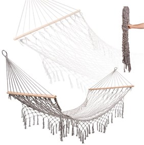 Záhradná hojdacia sieť KIK boho s dreveným rámom, 200 cm, sivá