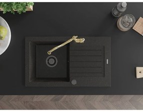 Mexen Pablo, granitový drez 752x436x161 mm, 1-komorový a drezová batéria Carla, čierna-zlatá metalíza, 6510-75-670700-50-B