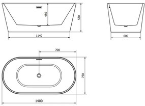 Mexen Luna, voľne stojaca vaňa 140 x 75 cm, biela, biely prepad, 52031407500-20