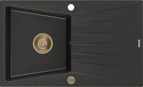Mexen Cesar, granitový drez 775x470x190 mm, 1-komorový, čierna-zlatá metalíza so zlatým sifónom, 6514771010-75-G