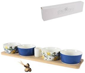 Sada porcelánových tapas misiek na drevenom podnose