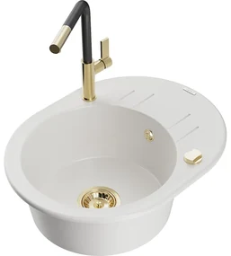 Mexen Kevin, 1-komorový granitový drez 586x458x190 mm a drezová batéria Flora, biela, 6517-20-670401-57-G