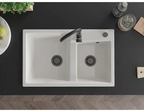 Mexen Tomas, granitový drez 800x500x190 mm, 2-komorový a čierna batéria Telma, biela, 6516-20-670200-70