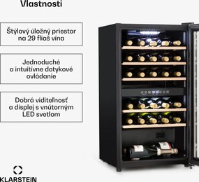 Klarstein Vinamour 29D, vinotéka, 2 zóny, 80 l, 29 fliaš, 5-22°C, dotykové ovládanie