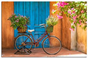 Obraz na plátne - Pristavený bicykel s kvetmi 174A (120x80 cm)