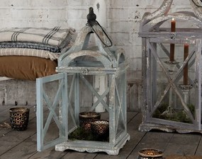2ks sivá antik drevená lampáš - 33*33*73 / 25*25*56 cm