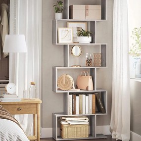 Knižnica, voľne stojaca dekoratívna polica so 6 úrovňami, greige sivá