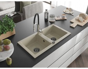 Mexen Mario, granitový drez 820x436x161 mm, 2-komorový a drezová batéria Aster, béžová, 6504-69-73450-07-B