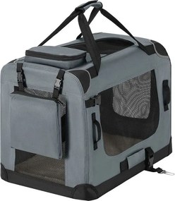 Skladací prepravný box pre psov, sivý, s posteľou, veľkosť M