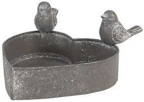 Šedý plechový kvetináč v tvare srdca s vtáčikmi - 14*12*7 cm