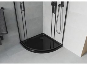 Mexen Rio, štvrťkruhový sprchovací kút s posuvnými dverami 90 x 90 cm, 6mm číre sklo, čierny profil + čierna sprchová vanička, 863-090-090-70-00-4170B