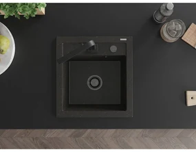 Mexen Vito, 1-komorový granitový drez 520x490x210 mm, čierna batéria Rita, čierna-zlatá metalíza, 6503-75-670300-70-B