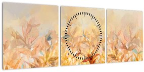 Obraz - Listy vo farbách jesene, olejomaľba (s hodinami) (90x30 cm)