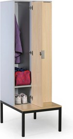 Drevená šatníková skrinka S4 s lavičkou, 4 oddiely, 1871 x 1200 x 500/800 mm, demont, cylindrický zámok, sivá/breza