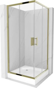 Mexen Rio, štvorcový sprchovací kút s posuvnými dverami 90(dvere) x 90(dvere) x 190 cm, 6mm číre sklo, zlatý profil + biela sprchová vanička RIO, 860-090-090-50-00-4510