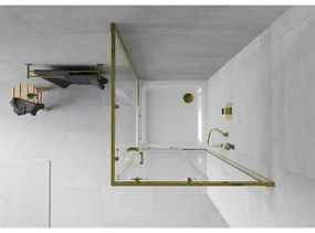Mexen Rio, štvorcový sprchovací kút s posuvnými dverami 80(dvere) x 80(dvere) x 190 cm, 6mm číre sklo, zlatý profil + biela sprchová vanička SLIM, 860-080-080-50-00-4010G